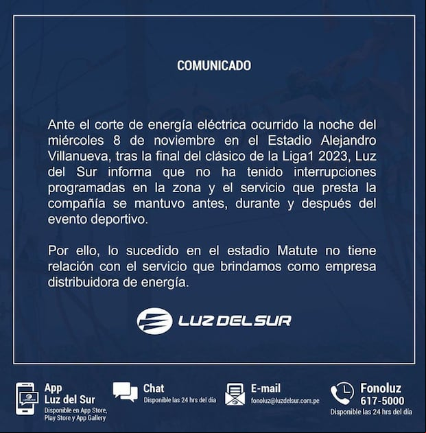 El comunicado de Luz del Sur aclarando que no hubo interrupciones en Matute. (Foto: X)