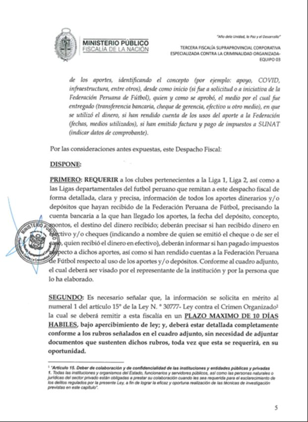 Solicitud del Ministerio Público a los clubes de la Liga 1, Liga 2 y Ligas provinciales. (Foto: Difusión)
