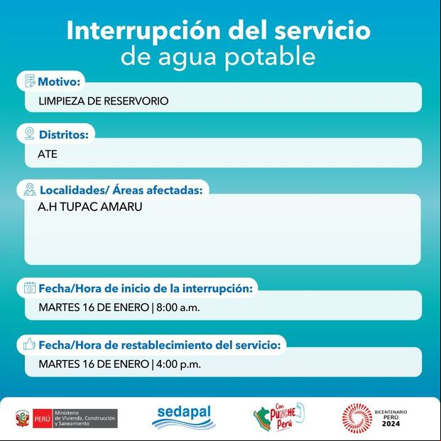 Sedapal informó qué distritos no tendrán agua este martes 16 de enero. (Foto: Twitter)