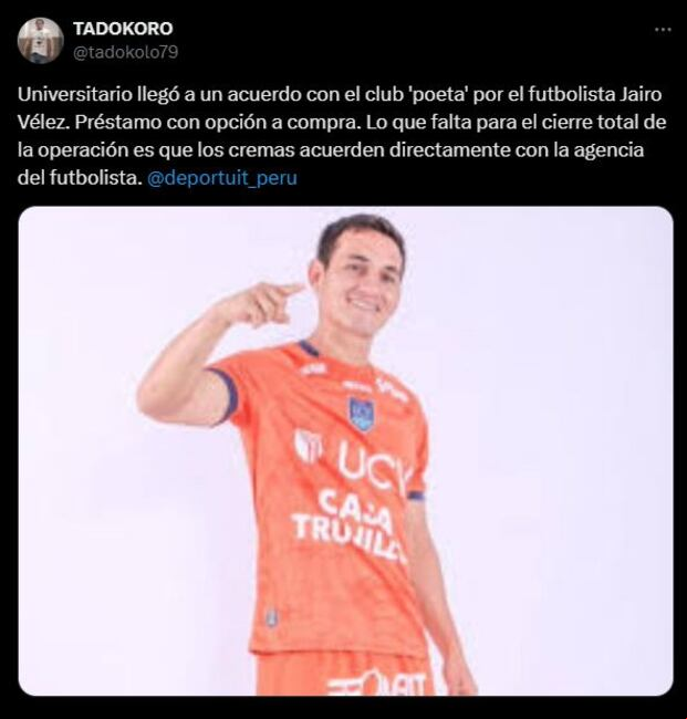 Jairo Vélez a una firma de ser nuevo refuerzo de Universitario para el 2025.
