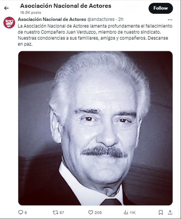 Comunicado de la Asociación Nacional de Actores por la muerte de Juan Verduzco (Foto: ANDA / X)