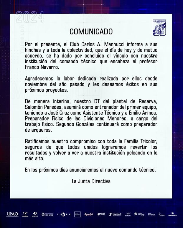 Comunicado de Carlos Mannucci sobre la salida de Franco Navarro.