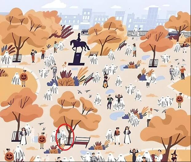 RETO VISUAL | Se puede ver al fantasma parado cerca del árbol en la parte inferior izquierda de la pantalla, lejos del centro. | Slingo
