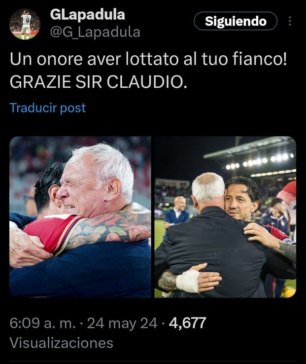 La emotiva despedida de Gianluca Lapadula a Claudio Ranieri. (Imagen: Captura de X)