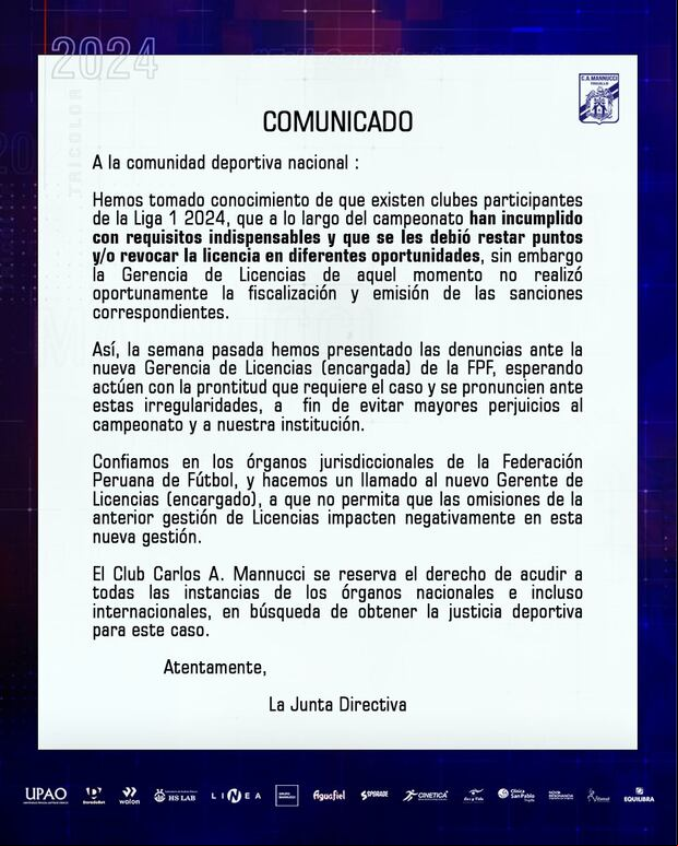 Comunicado de Carlos Mannuncci vía redes sociales. (Foto: @camannucci).