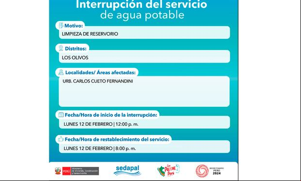 Sedapal informó qué distritos no tendrán agua este lunes 12 de febrero. (Foto: Twitter)