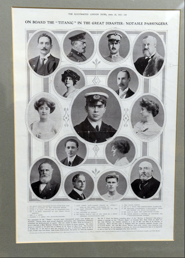 Una página del periódico de "Illustrated London News" que mostraba a algunos de los pasajeros más reconocidos de pasajeron del Titanic (Foto: AFP)