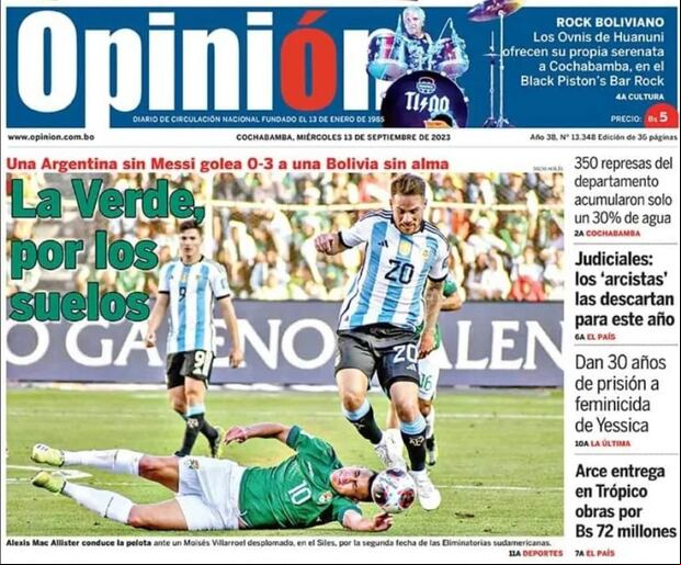 Portada del diario Opinión, donde informaron en portada la derrota de Bolivia ante Argentina. (Foto: captura)