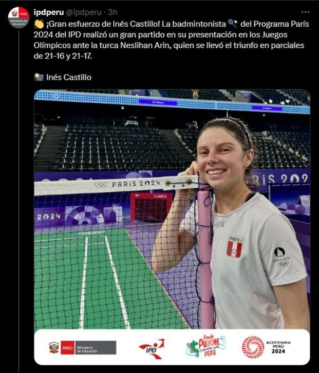 Castillo se presentó en los Juegos Olímpicos ante la turca Neslihan Arin, quien se llevó el triunfo en parciales de 21-16 y 21-17.