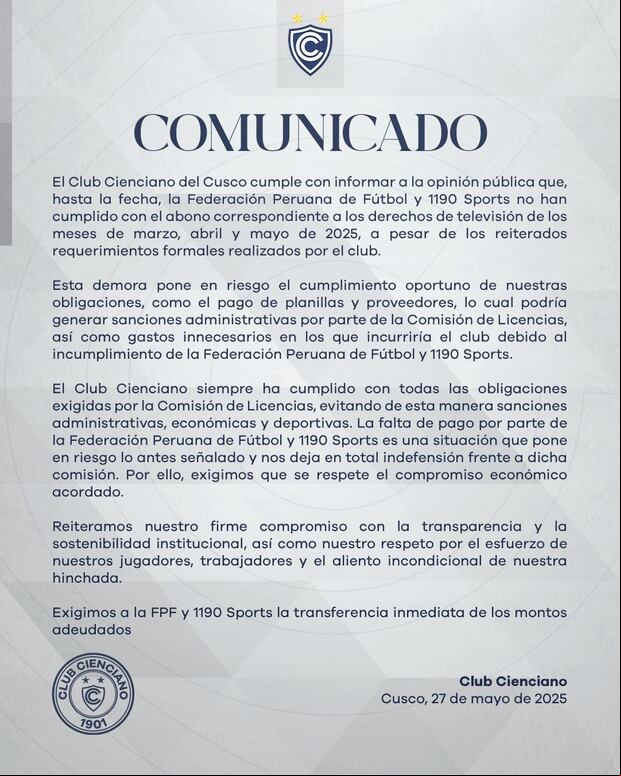 Cienciano expresó su preocupación por la falta de pagos por derechos de TV.
