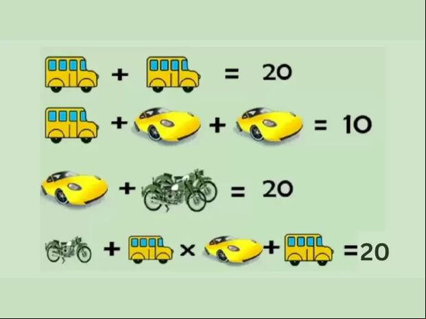 RETO MATEMÁTICO | Motocicleta+autobus x carro + autobus= 20