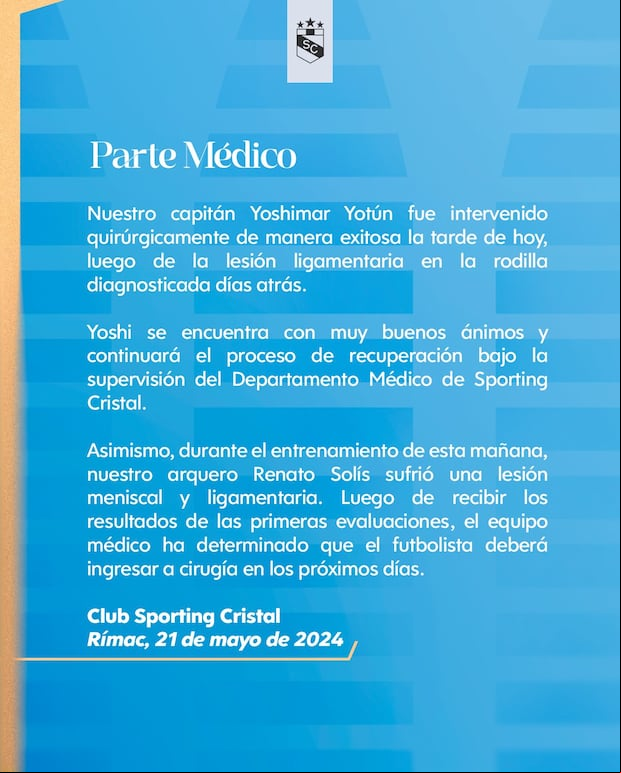 Parte médico de Sporting Cristal sobre sus jugadores Yoshimar Yotún y Renato Solis. (Sporting Cristal)