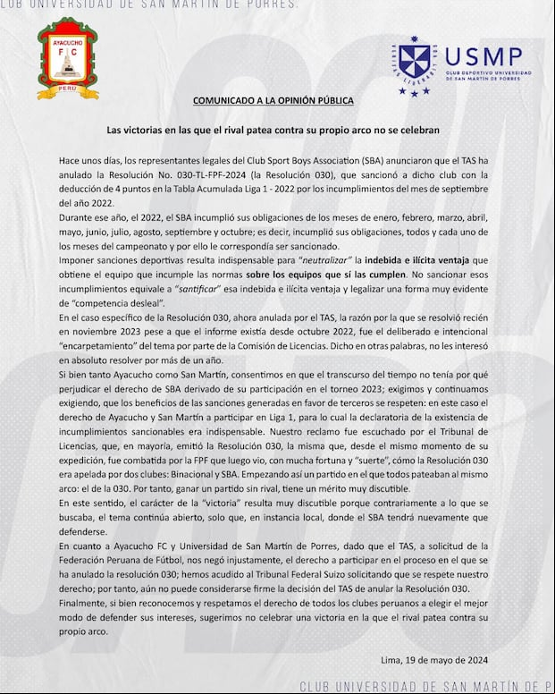 Comunicado completo de San Martín y Ayacucho FC. (Imagen: San Martín / Ayacucho FC)