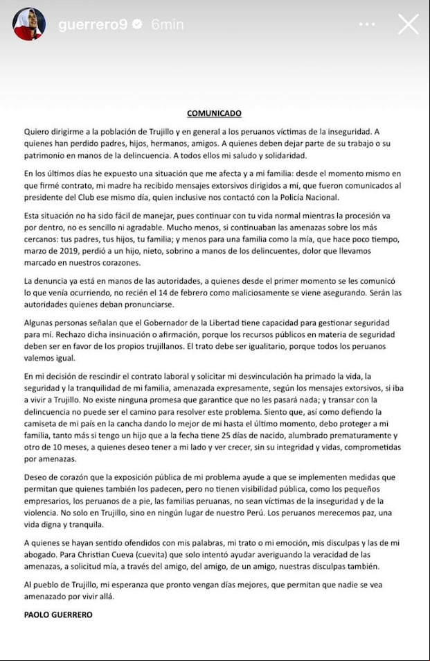Comunicado de Paolo Guerrero
