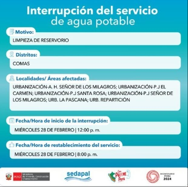 Corte de agua programado para este miércoles 28 de febrero por Sedapal (Foto: @SedapalOficial).