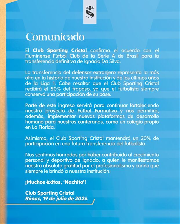 Comunicado de Sporting Cristal sobre la salida de Ignácio da Silva del equipo.