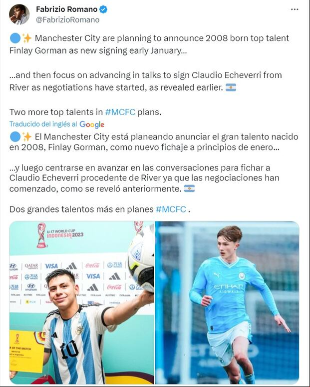 Fabrizio Romano confirma que Manchester City busca fichar a Finley Gorman y Claudio Echeverri. (Foto: X).
