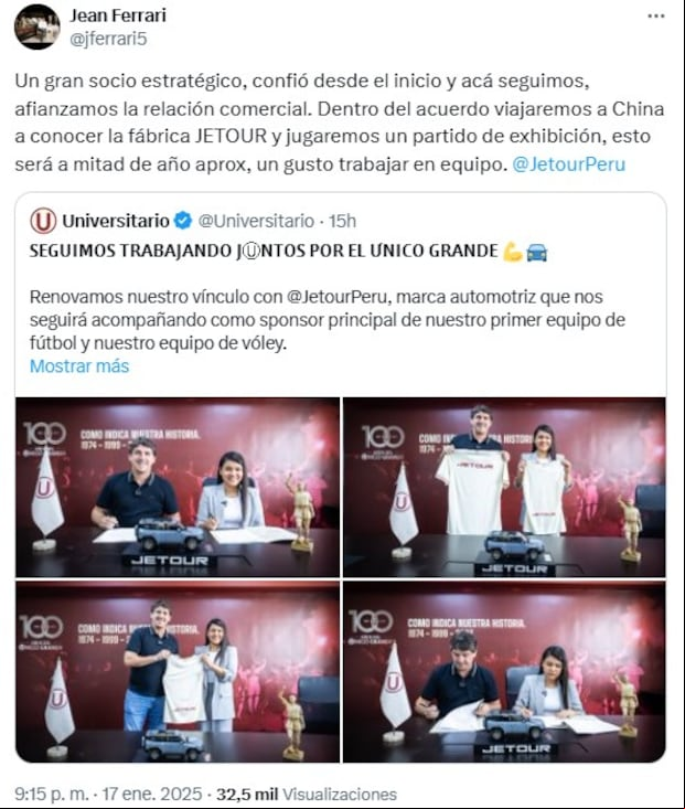 Jean Ferrari y su comunicado a través de las redes sociales. (Foto: Captura de X)