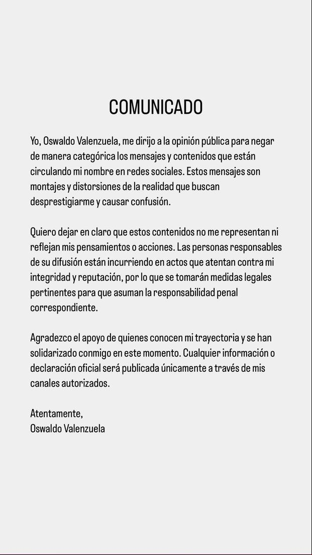Comunicado de Oswaldo Valenzuela, de Cusco FC. (Instagram)