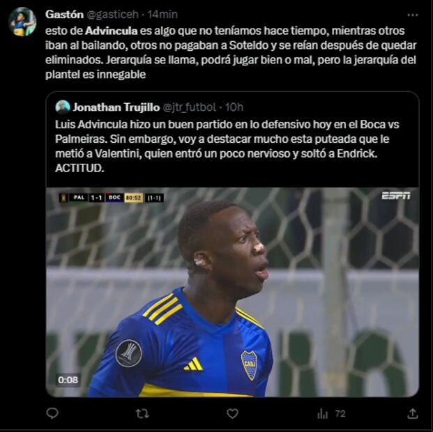 Los elogios de los hinchas de Boca a Luis Advíncula en redes sociales. (Captura: Twitter)