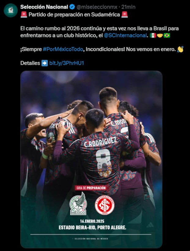 México confirmó partido amistoso ante Inter de Porto Alegre en Brasil. (Captura)