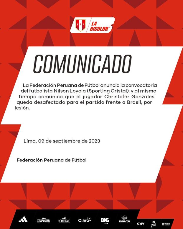 Comunicado de la Selección Peruana sobre la convocatoria de Loyola. (Foto: Perú)