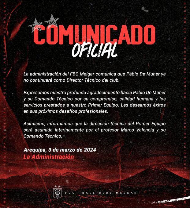 Pablo De Muner dejó de ser el entrenador de Melgar. (Foto: Melgar)
