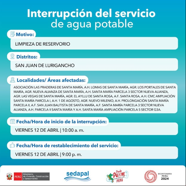 Sedapal anunció las zonas de Lima Metropolitana que no contarán con servicio de agua este 12 de abril. (Foto: Sedapal)