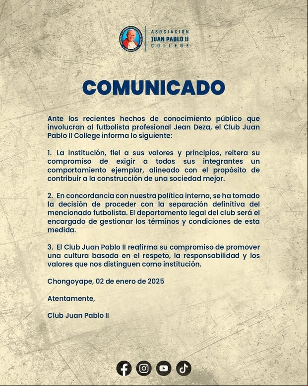 El comunicado de Juan Pablo II College. (Imagen: Juan Pablo II College)
