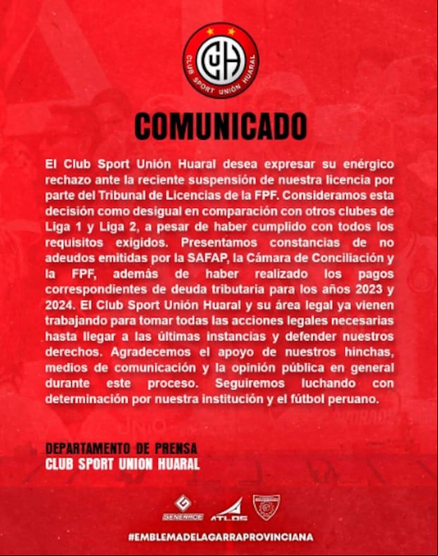 Unión Huaral se pronunció tras quedar inhabilitado de la Liga 2.(Imagen: Unión Huaral)