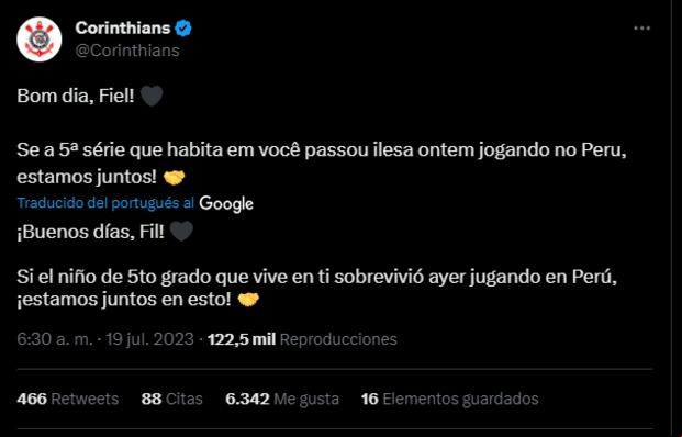 Corinthians se pronunció tras partido con Universitario (Captura)