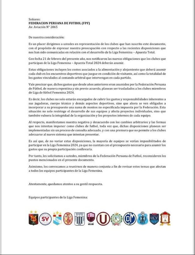 Comunicado de 12 clubes de la Liga Femenina.