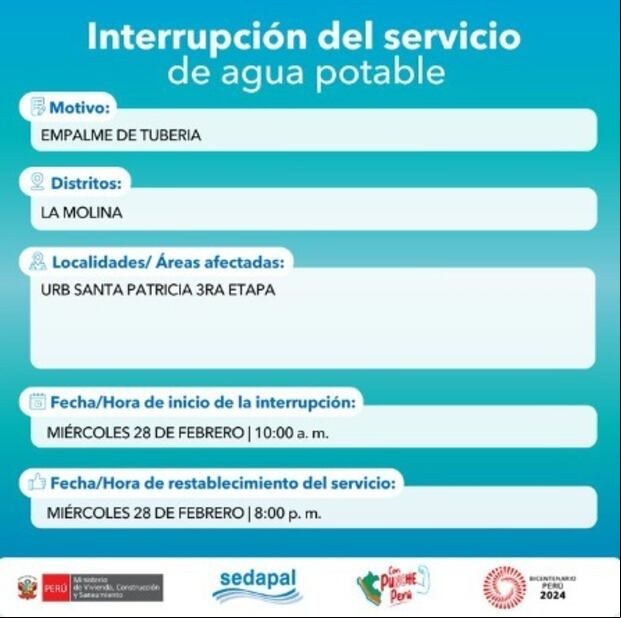 Corte de agua programado para este miércoles 28 de febrero por Sedapal (Foto: @SedapalOficial).