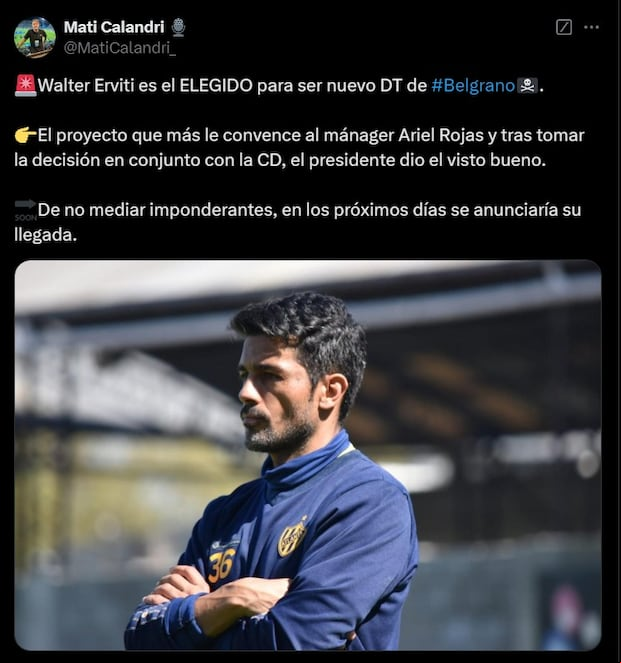 Walter Erviti será el nuevo entrenador de Belgrano en el 2025 según prensa de Argentina. (Foto: Captura de X).