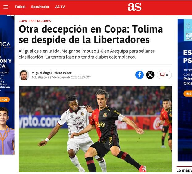 Prensa colombiana habló sobre eliminación de Tolima ante Melgar. (Foto: AS)
