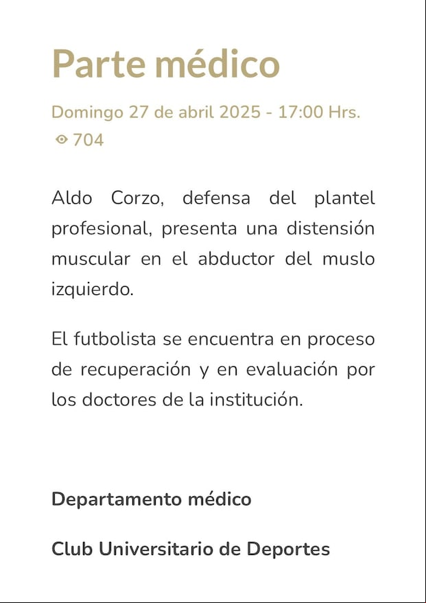 Parte médico donde informa la lesión que presenta Aldo Corzo. (Foto: Universitario)