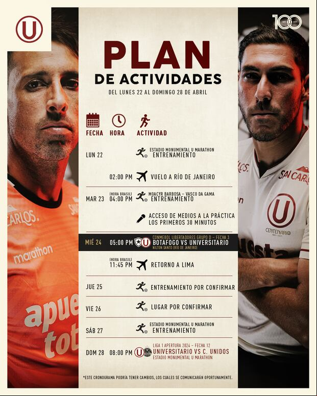 Revisa el plan de actividades de Universitario para los próximos días. (Foto: Universitario)