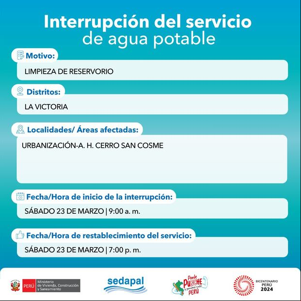 Sedapal anunció el distrito que sufrirá el corte temporal de agua este 23 de marzo. (Foto: Sedapal)