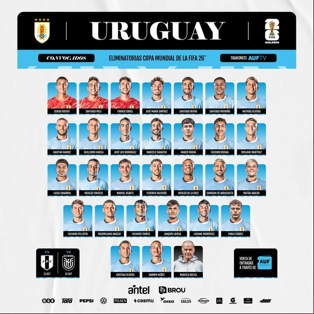 Uruguay presentó sus convocados para el partido de Perú y Ecuador por Eliminatorias 2026. (Foto: @Uruguay).