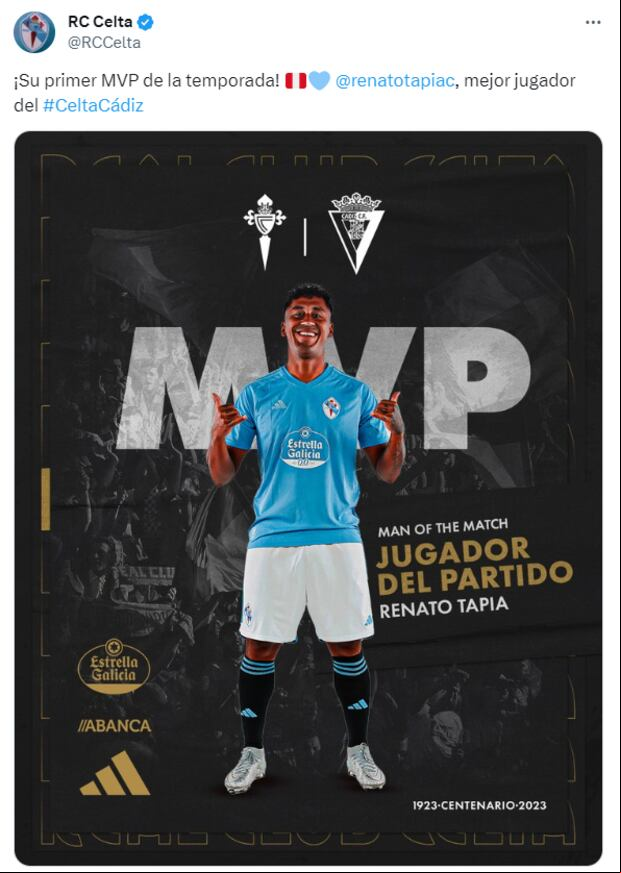 Renato Tapia fue elegido como mejor jugador del duelo del Celta de Vigo frente a Cádiz. (Foto: Twitter)