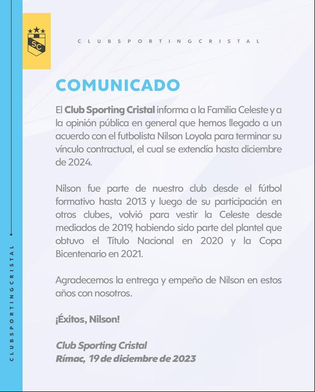 El comunicado de Sporting Cristal en sus redes sociales. (Foto: Sporting Cristal)