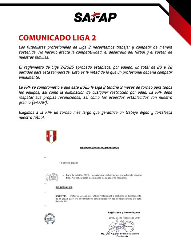 Comunicado de la SAFAP contra la Federación Peruana de Fútbol por el desarrollo de la Liga 2 2025 (Foto: @SafapPeru).