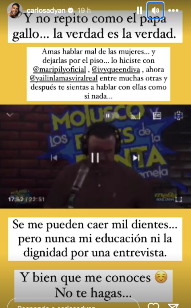 Carlos Adyan le responde a Jorge Pabón "El Molusco" a través de sus historias de Instagram y lo acusa de tener un patrón de hablar mal de las mujeres (Foto: Carlos Adyan / Instagram)