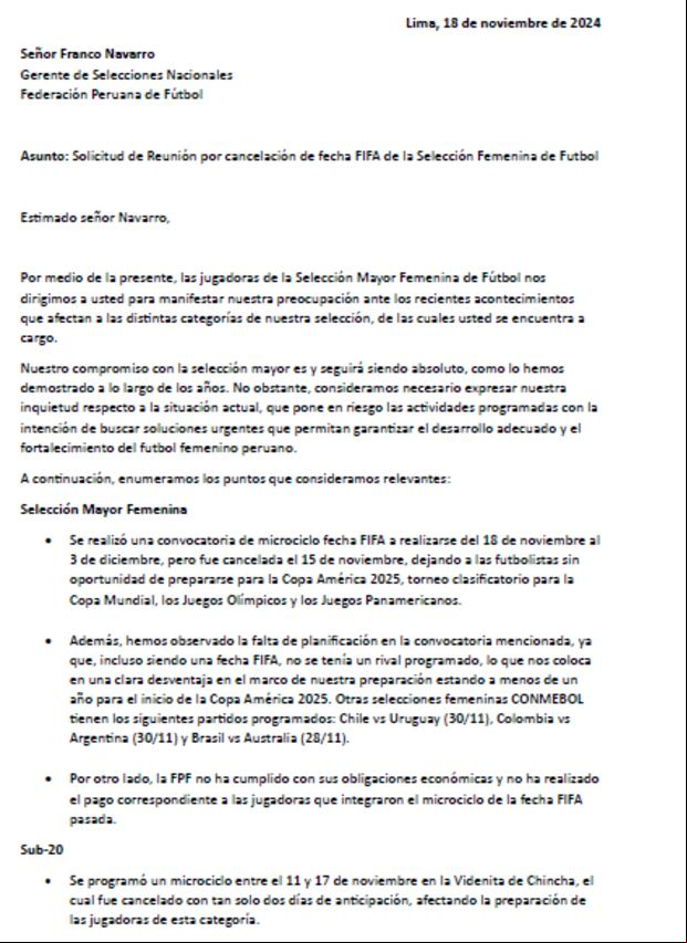Carta enviada por la Selección Peruana Femenina. (Foto: Instagram)