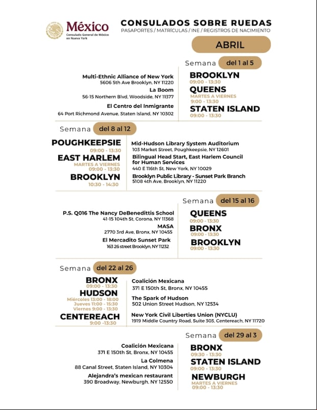 Dates, hours, and locations of the Mexican Consulate on Wheels in New York. | Photo by consulmex.sre.gob.mx