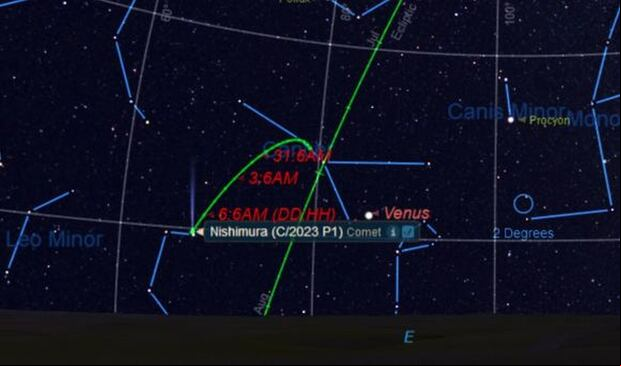La aparente trayectoria del cometa Nishimura al amanecer del 17 de agosto al 7 de septiembre, visto desde la latitud 35 grados norte. Tomar en cuenta que la vista celestial de fondo es para el final del camino (Foto: Noche estrellada / NASA)