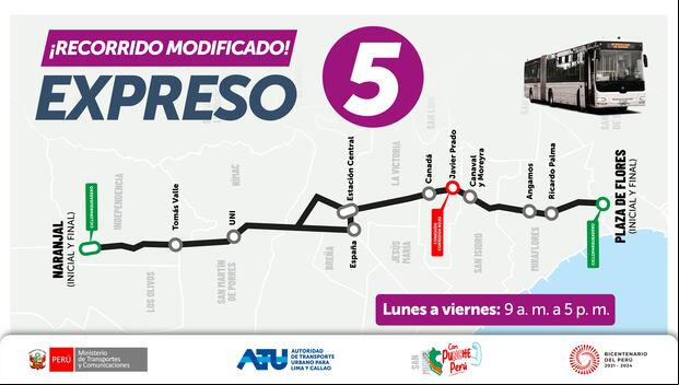 Recorrido modificado Expreso 5. (Foto: ATU)