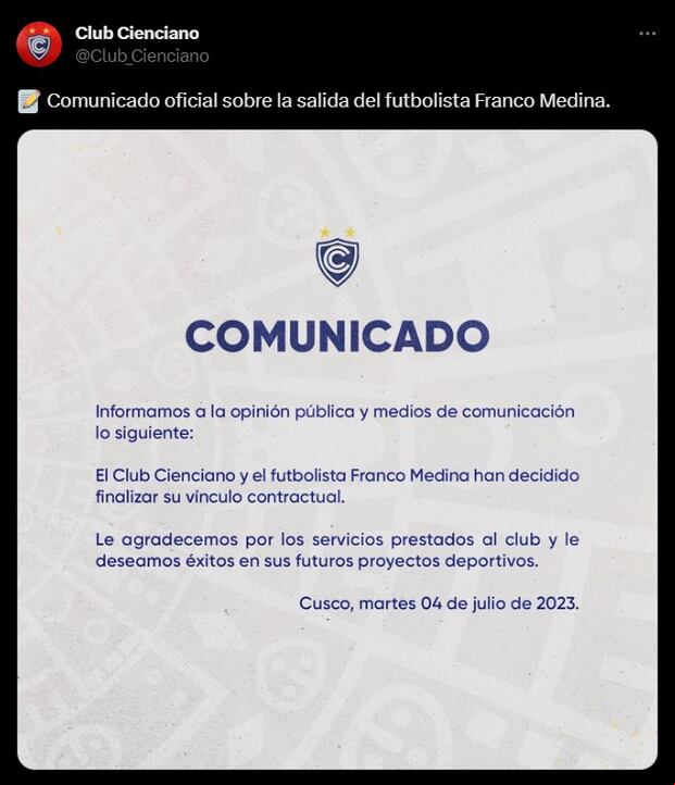 Comunicado de Cienciano sobre Franco Medina. (Foto: Twitter)