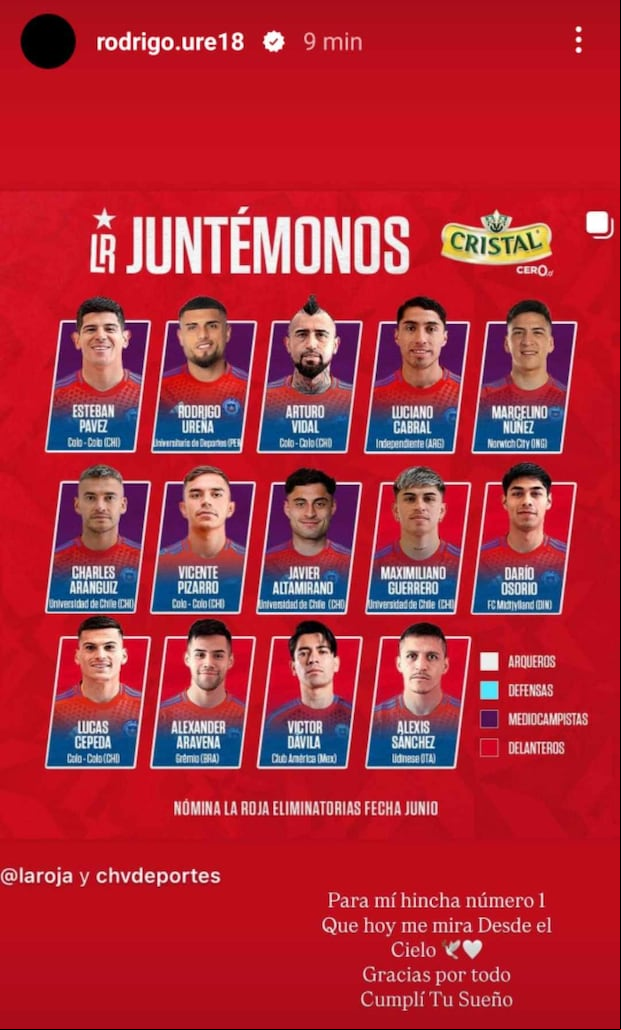 Rodrigo Ureña y su emotivo mensaje tras ser convocado por Chile. (Imagen: Instagram)