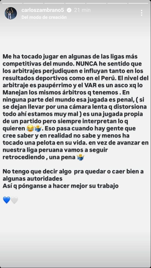 Carlos Zambrano y su publicación tras el Alianza Lima vs. Atlético Grau. (Captura)